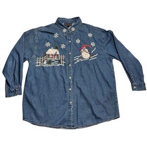 Vintage Ugly Christmas Denim Women’s Shirt Plus Santa Snow Fun Size 1X Fast Ship